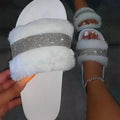 Women's New Thick Bottom Water Diamond Hairy Slippers for Women's Autumn /Winter Flat Bottom Large Slippers