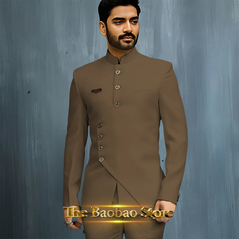 Matching Design Men's Suit 2pcs African/Indian Safiri Attire Customized Set with Gold Button for Wedding Party Formal Events