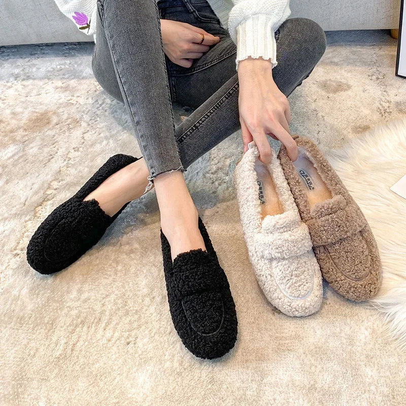 Lambwool Moccasins Femme Curly Sheep Fur Flats Woman Warm Plush Loafers Winter Cotton Shoes Women Furry Snow Boot