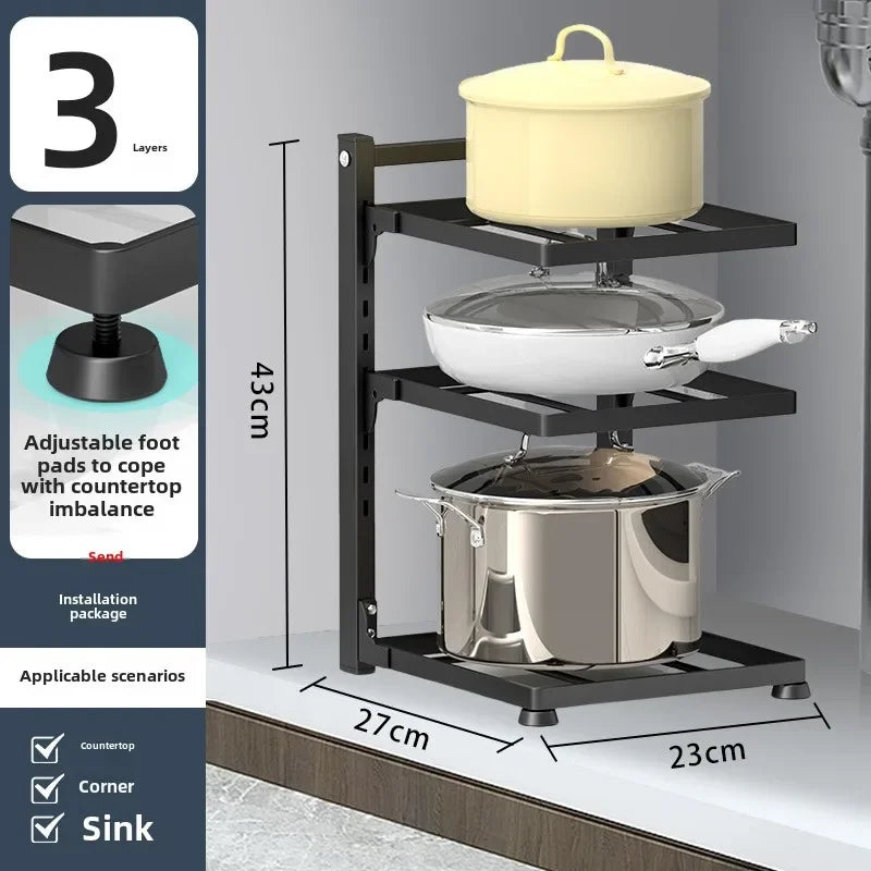 Kitchen Shelf Space - saving Kitchenware Storage Rack Adjustable Pot 3 - 4 Tiers Under Sink/Corner - View 7 | SAMAG