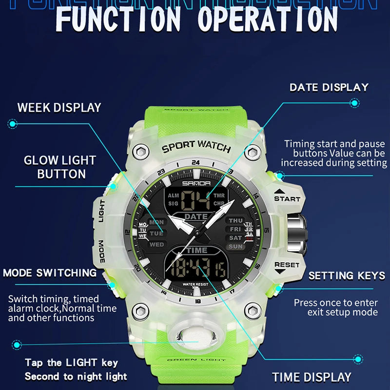 SANDA Men Quartz Watches G Style Military Sports LED Digital Outdoor Waterproof Dual Display Wristwatch - Visuel 5 | SAMAG