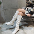Shoes For Women  Knee High Boots Red Black White Tall Boots Woman Pleated Low Heel Casual Leather Female Long Shoes 2024