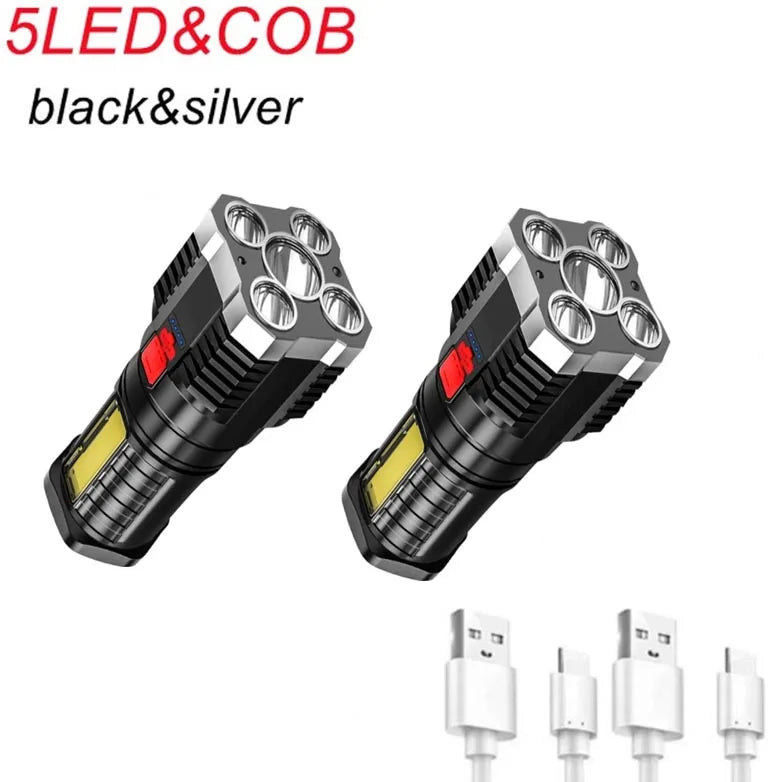 5LED High Power Led Flashlights Rechargeable Camping Spotlight with Side Light 3 Lighting Modes for Camping Adventure Outdoor