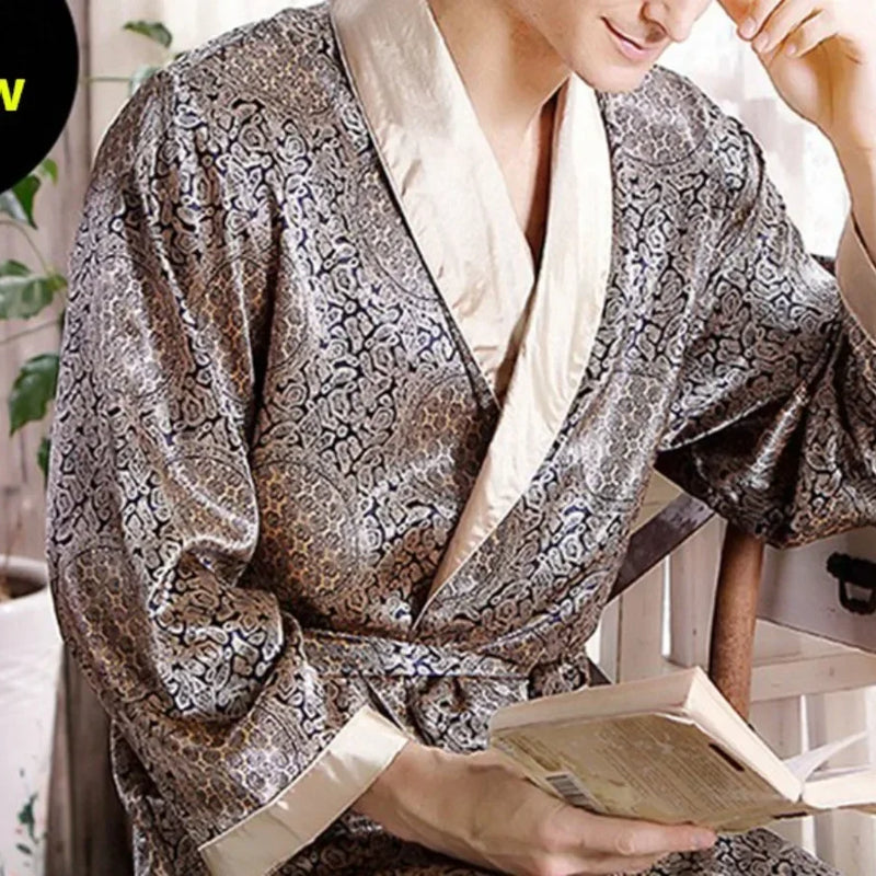 4XL 5XL Men's Luxury Pajamas Robes Silk Kimono Robe Long Sleeve Bathrobe Satin Nightgown Male Summer Home Clothing Oversize