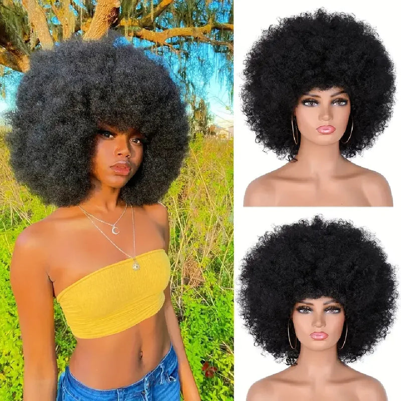 Short Afro Kinky Curly Human Hair Wigs With Bangs Fluffy Natural Bob Wigs Brazilian Full Machine Made Wigs On Sale 180% Density