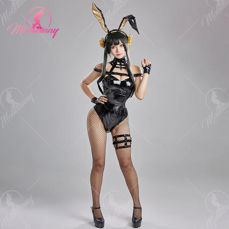 MOBBUNNY Yor Cosplay Costume Bunny Girl Lingerie Deep V Bodysuit with Headband and Gloves for Halloween