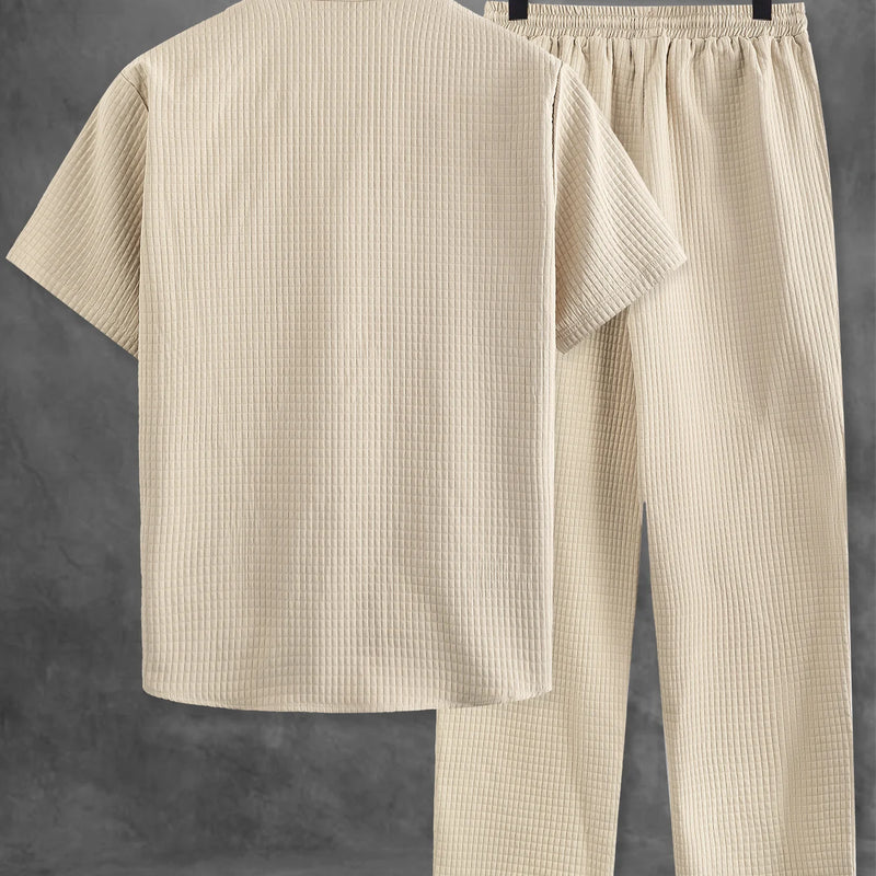 Men's Khaki Waffle Set, Stand Collar Short Sleeve Shirt | SAMAG
