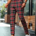 Men's Tartan Plaid Tapered Cropped Dress Pants Viscose Polyamide Elastane Slim Fit Business Casual Ankle‑Length Trousers