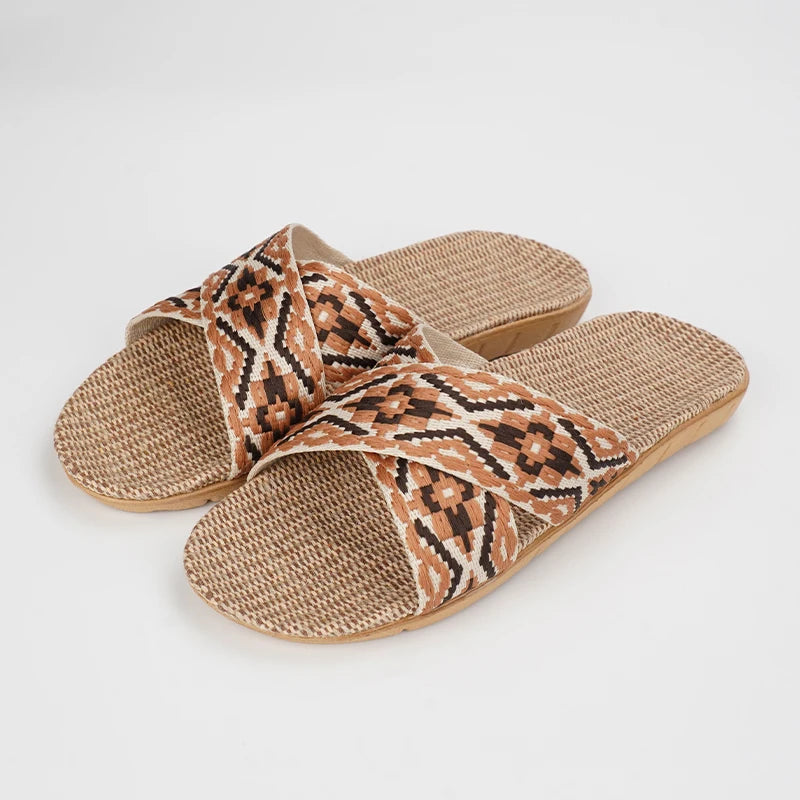 SHAJI Summer Women's Linen Slippers Home; Women's lightweight Indoor Non-Slip Shoes; Thick Sole Beach Slides; Bohemian Style