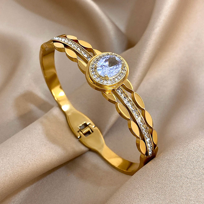 Stainless Steel Bangle Bracelet Inlay Luxury Rhinestones Gorgeous Synthetic Zirconia Geometric Oval Square Stars Shape for Women
