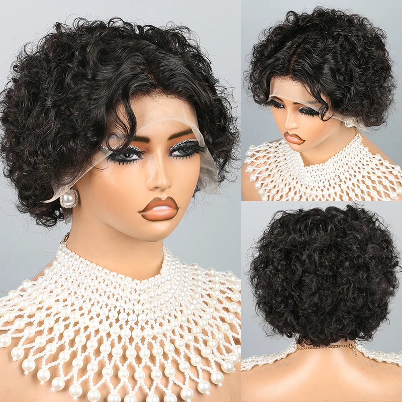 Curly Wig Human Hair Wigs 8 inch Short Bob Pixie Cut Brazilian Human Hair Wig Black Afro Kinky 13×4 Lace Front Wigs for Women