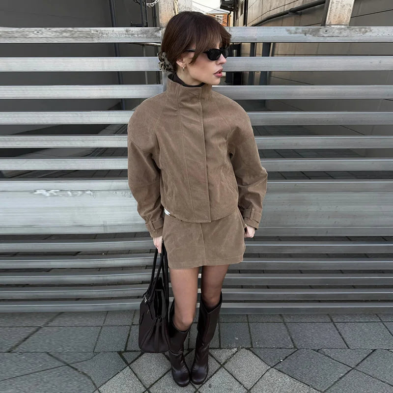 Vintage Suede Two Piece Set Stand Collar High Neck Zip Up Cropped Jacket High Waist Mini Skirt Women 2026 Autumn Retro Chic Suit