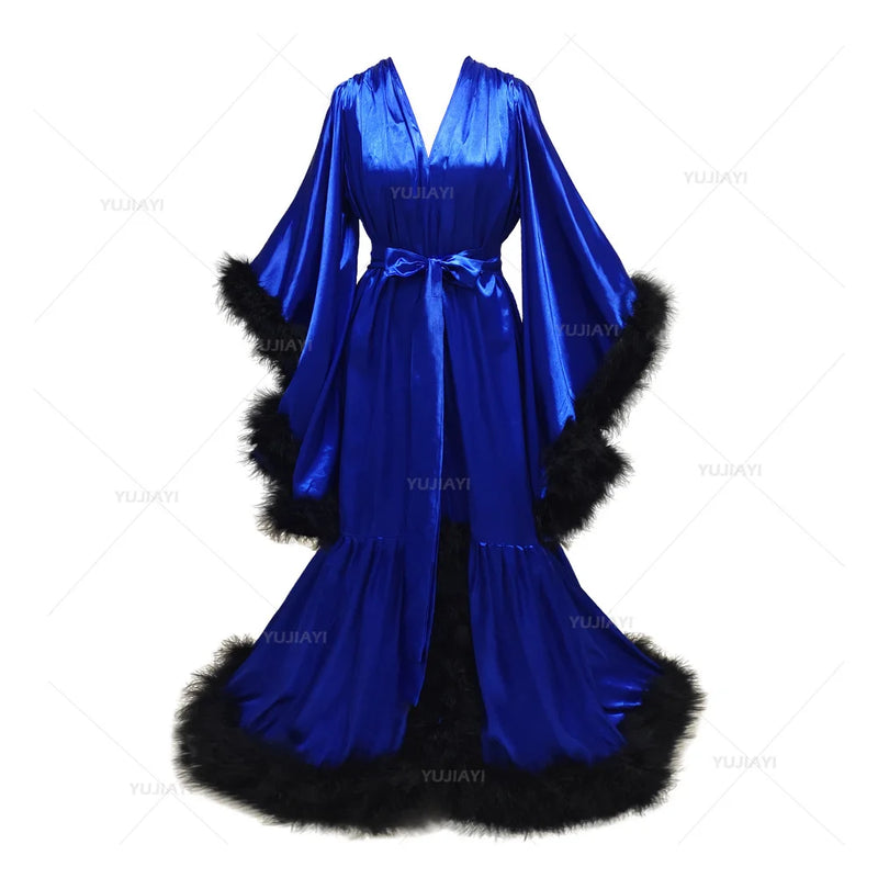 Bathrobe for Women Flare Sleeves Feather Bridal Robe Nightgown Silk Illusion Long Wedding Scarf Dressing Gown Photography Dress