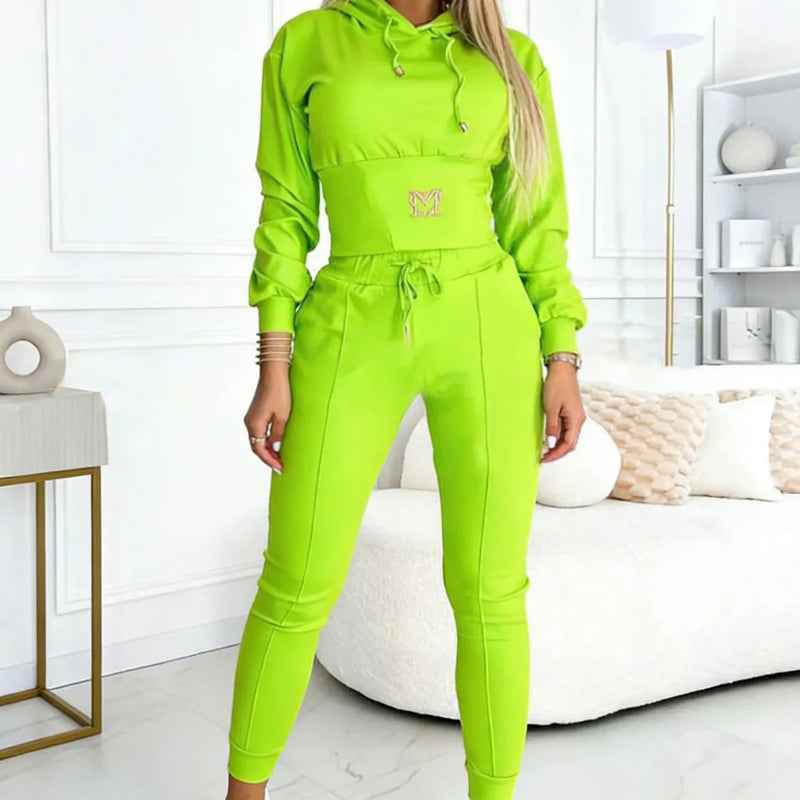 Women's 2 Piece Tracksuit Embroidered Letter Crop Hoodie Drawstring High Waist Pocket Jogger Pants Slim Casual Sports Outfit Set