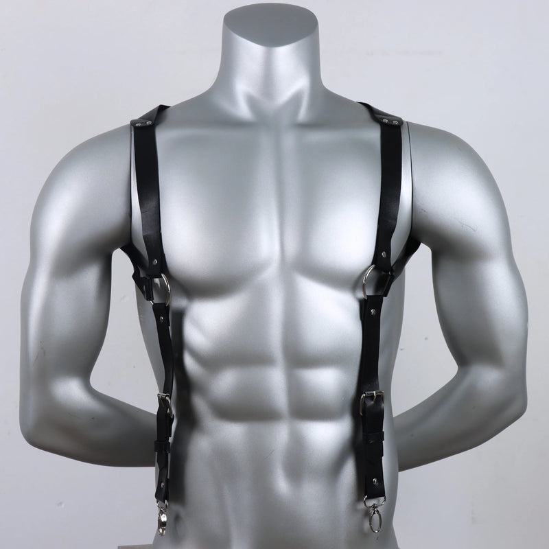 1pc Men'S Punk Gothic Faux Leather Suspenders - Adjustable Strap Body Harness with Metallic Buckles, Fashion Accessory
