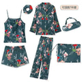 Spring Autumn 7 Pieces Set Silk Elegant Women Pajamas Print Shorts Long Sleeve Top Elastic Waist Pants Lounge Sleepwear