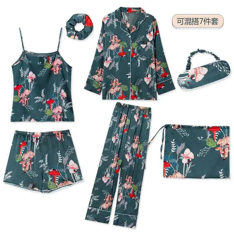 Spring Autumn 7 Pieces Set Silk Elegant Women Pajamas Print Shorts Long Sleeve Top Elastic Waist Pants Lounge Sleepwear