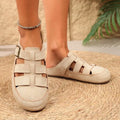 Womens Mules Round Toe Suede Look Texture Caged Cutout Flat Shoes Adjustable Buckle Strap Casual Backless Slip on Walking Clogs