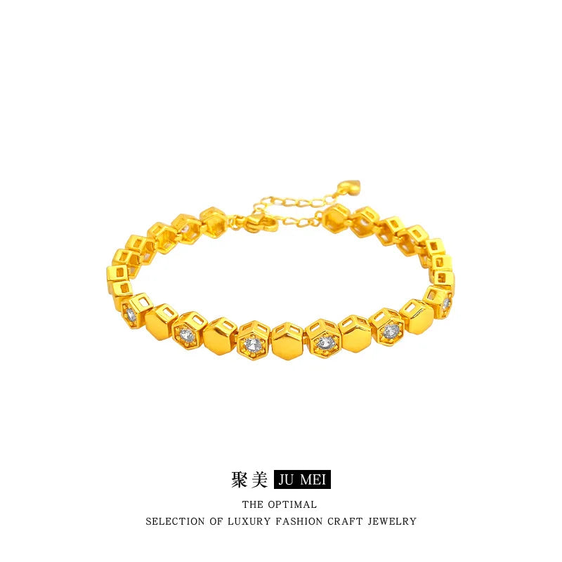 Gold Shop Same Style 9999 24K Real Gold Women's Gold Bracelet Diamond Honeycomb Design Girlfriend Party Beautiful Jewelry