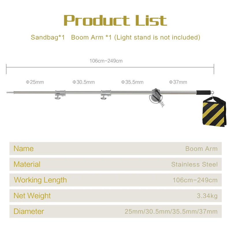 C Stand Stainless Steel Kit Light Stand With Weight Bag Photo Studio Accessories Extension Rod 2.49M Length Arm Cross Boom
