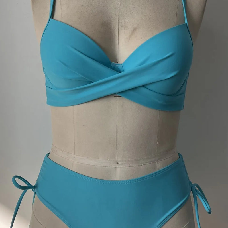Solid Underwire Cross Strap Two Piece Bikini Set Women | SAMAG