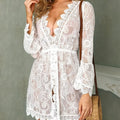 Boho Crochet White Knitted V-neck Scallop Trim Lace Dress Women Beach Sundress Tunic Pareos Bikinis Cover Ups Robe Beachwear