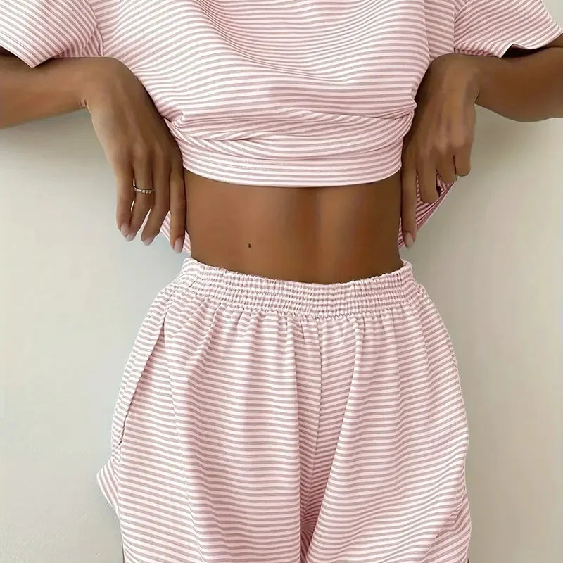 Women's Striped Pajama Set Summer Short-Sleeved T-Shirt | SAMAG