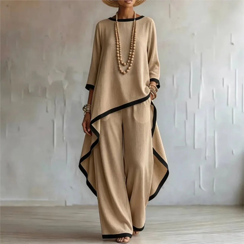 Women's Contrast Patchwork Two Piece Set Autumn O-neck Long Sleeve Irregular Extended Top + Wide Leg Pants Casual Matching Sets