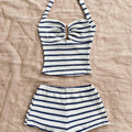 Summer Textured Knit Halter Top Shorts Two Piece Outfit, Classic Nautical Stripes Paired With Breathable Knit Fabric, Ideal For