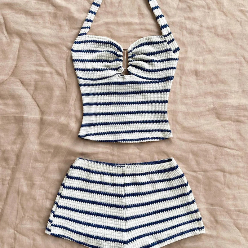 Summer Textured Knit Halter Top Shorts Two Piece Outfit, Classic Nautical Stripes Paired With Breathable Knit Fabric, Ideal For