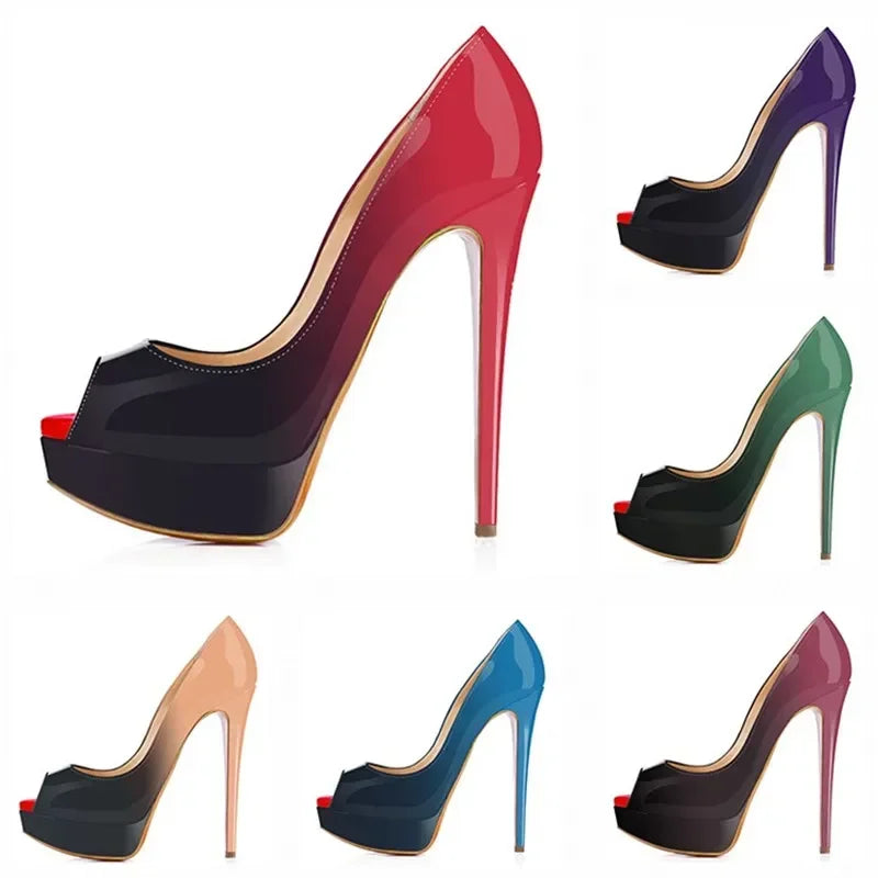 Women Stilettos Sexy Pumps 14cm Extremely Platform Peep Toe High Heels Patent Leather Party Nighclub Dress Red Wedding Shoes