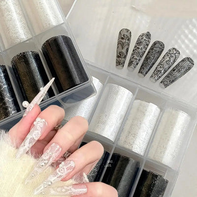 10 Rolls/Box New Black&White Lace Nail Transfer Stickers | SAMAG
