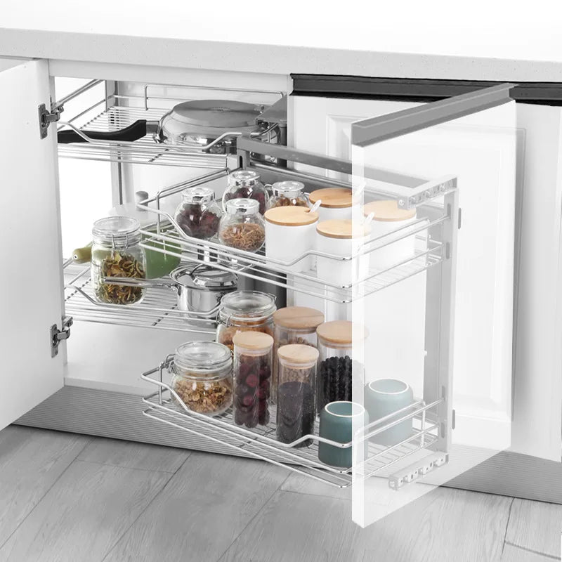 Stainless Steel Storage Rack for Kitchen Cabinets, Corner - opening Drawer - style with Small Monster Pull - View 4 | SAMAG