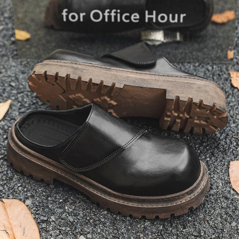 Men's leathers slip on casual shoes summer soft-sole non-slip outdoor walking shoes fashion breathable lightweight semi slippers