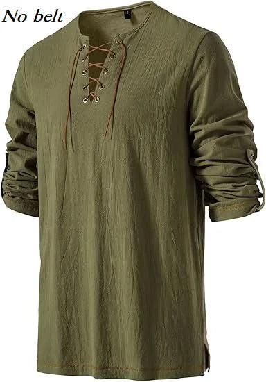 Men Medieval Lace Up Linen Long Sleeve Tunic Viking | SAMAG