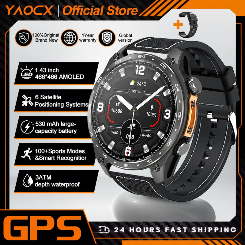 2026 New Military Smart Watch Men Built-in GPS 530mah Bluetooth Call 3ATM Waterproof Barometric Altimeter Sports Smart Watches