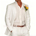 Beige Linen Men Suits 2 Pieces Beach Wedding American Style Jacket with Pants Formal Groom Tuxedos Male Suits (Blazer+Pants)