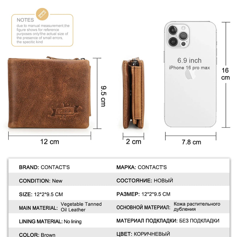 CONTACT'S Genuine Crazy Horse Leather Men Wallets Vintage Trifold Wallet Zip Coin Pocket Purse Cowhide Leather Wallet For Mens