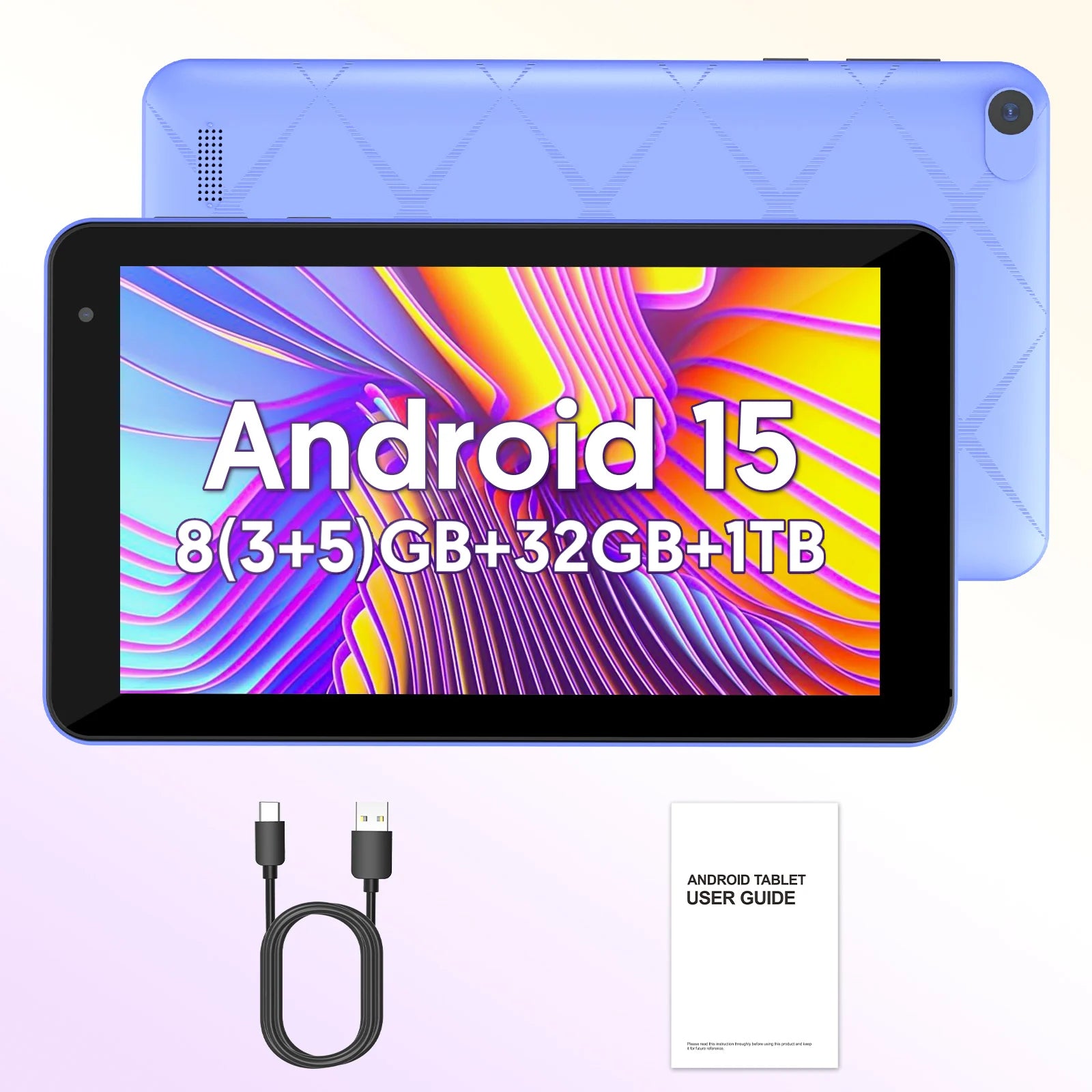 7-inch Android 15 Tablet, 8GB (3+5) RAM, 32GB Storage, 3500mAh Battery, HD 1024x600 IPS Display, Dual Cameras, Wi-Fi, Bluetooth