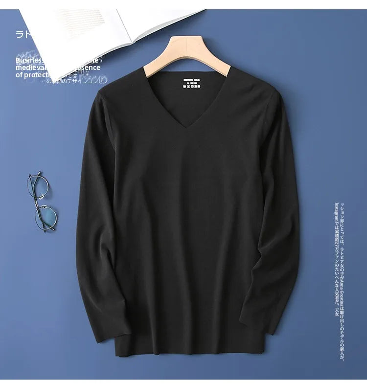 Double-Sided Deroing Men's Long Sleeve V-Neck Thermal Top Seamless Comfortable Cotton Knitted Base Layer Shirt Casual Fashion