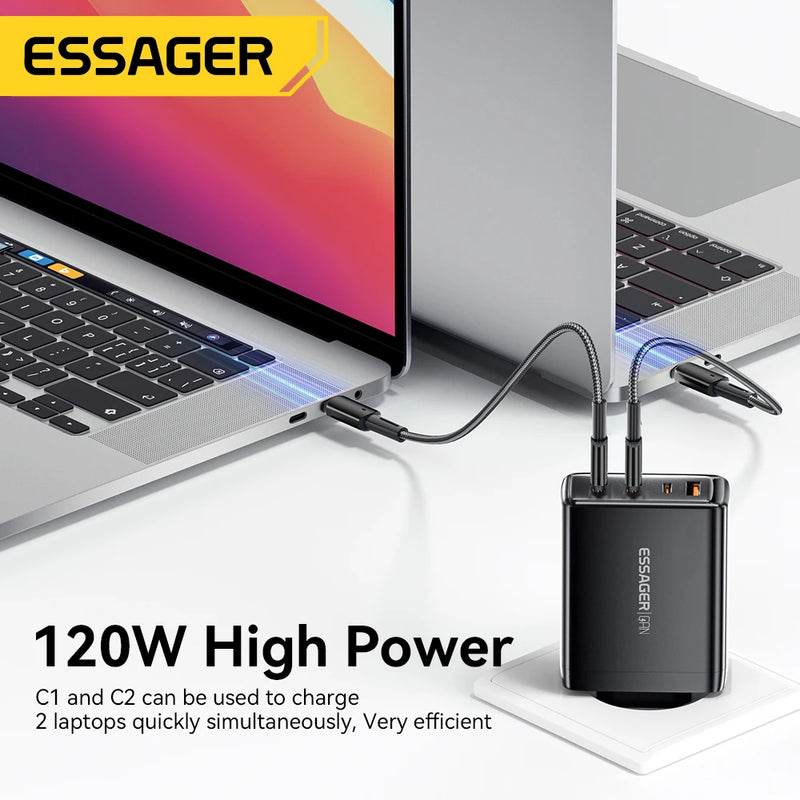 Essager 120W GaN Charger 4 in 1 USB C PD Fast Charger For Macbook Laptop iPhone 17 16 15 14 Pro Max Samsung iPad Quick Charger