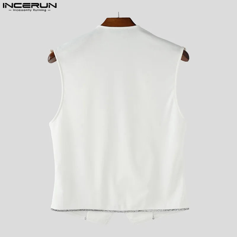 INCERUN Men Vests Patchwork Shiny V Neck Sleeveless Button Casual Male Waistcoats Streetwear 2025 Fashion Leisure Vests S-5XL