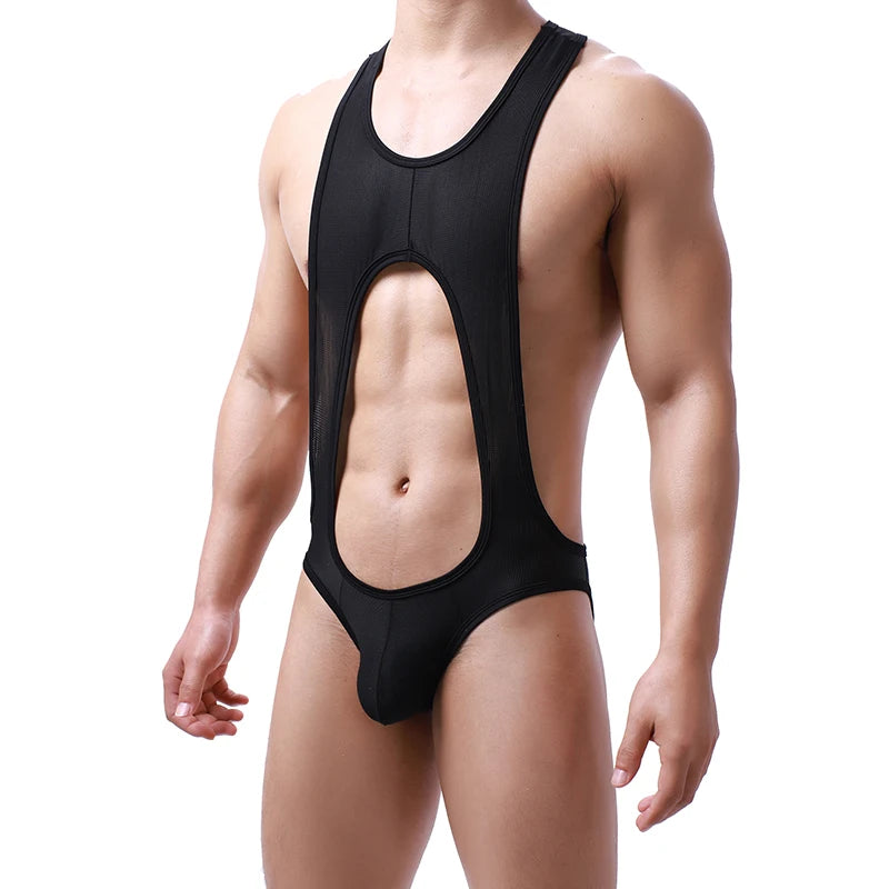 Men's Jockstrap Thongs Sheer Mesh Bodysuit Open Back Lingerie Sexy Male Underwear See Through Fetish Clubwear Teddy Panties