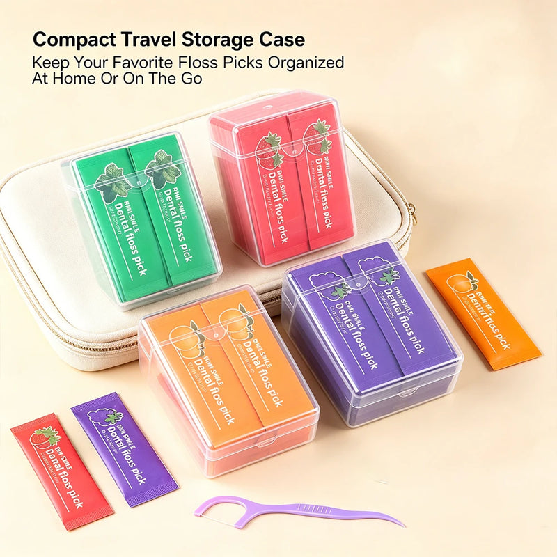 4 Fruit Flavors Individually Wrapped Dental Floss Picks, Mint Strawberry Orange Grape Disposable Floss Sticks, Smooth Flexible