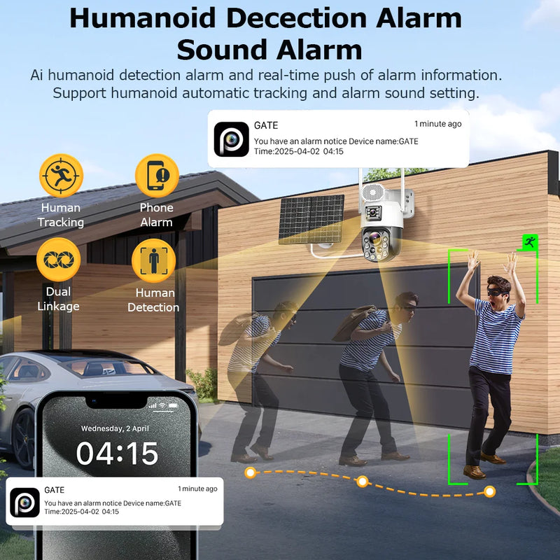 4G SIM Solar Camera AOV 24 Hours Record Built-in 31200 MAh Battery Outdoor Surveillance 60X Zoom Cam Auto Track 25W Solar Panel