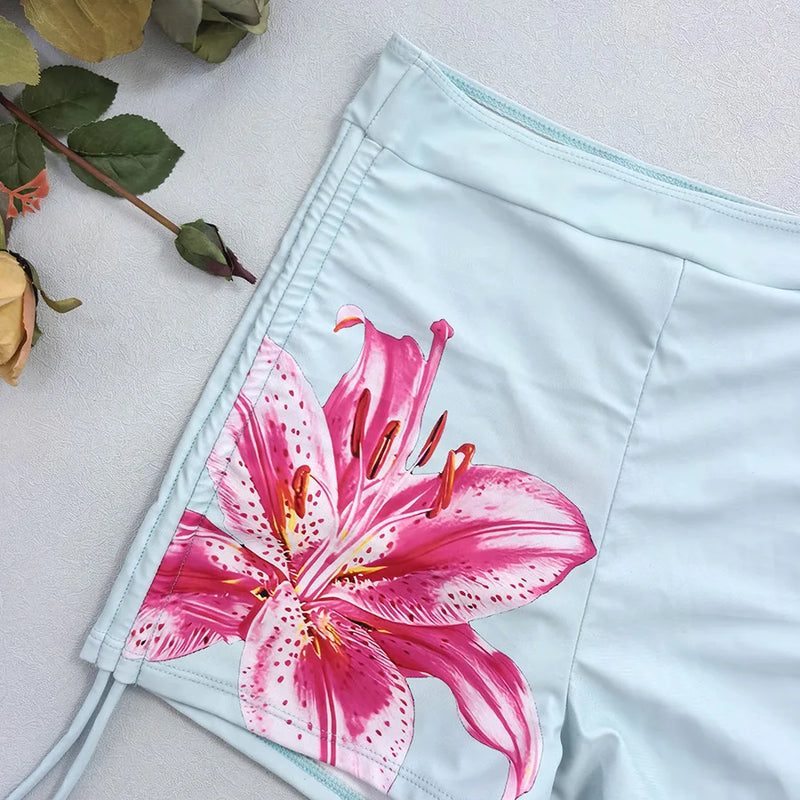 Light Blue Flower Print Swimwear Women's Bikinis Shorts | SAMAG