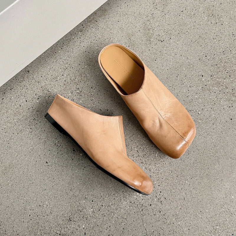 New Genuine Leather Cowhide Women Mules, Square Toe Slip-on Women Slippers,Fashion Flats Women Shoes