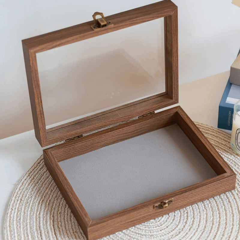Retro Elegant Wood Jewelry Box Glass Lid Dust-proof Jewelry Organizer Velvet Storage Box Ring Display Holder Desk