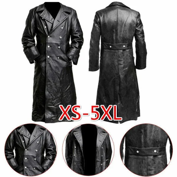 MEN'S GERMAN CLASSIC WW2 MILITARY UNIFORM OFFICER BLACK LEATHER TRENCH COAT mens leather jacket mens jacket