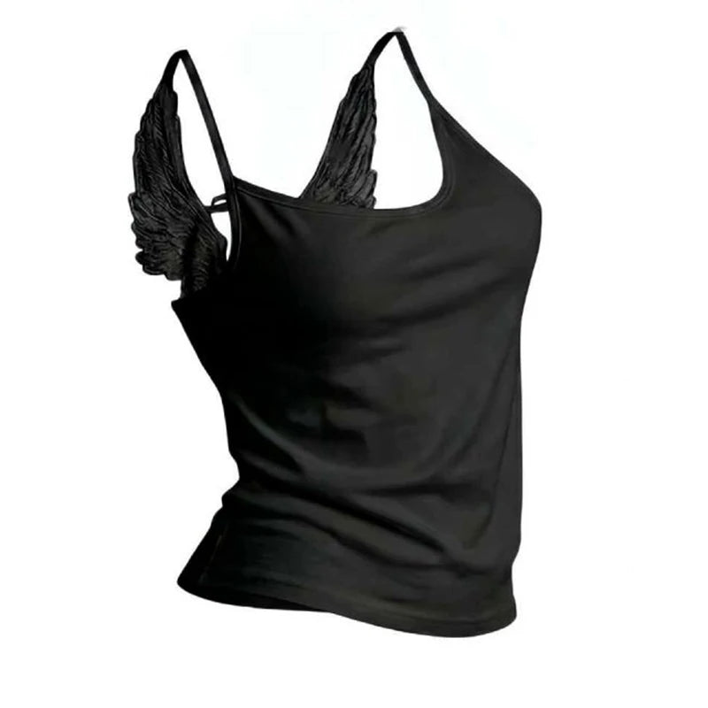 Women Angel Wing Lace Cami Top Back Bow Tie Sleeveless Tank Top Y2K Slim Fit Crop Camisole Summer Streetwear Vest